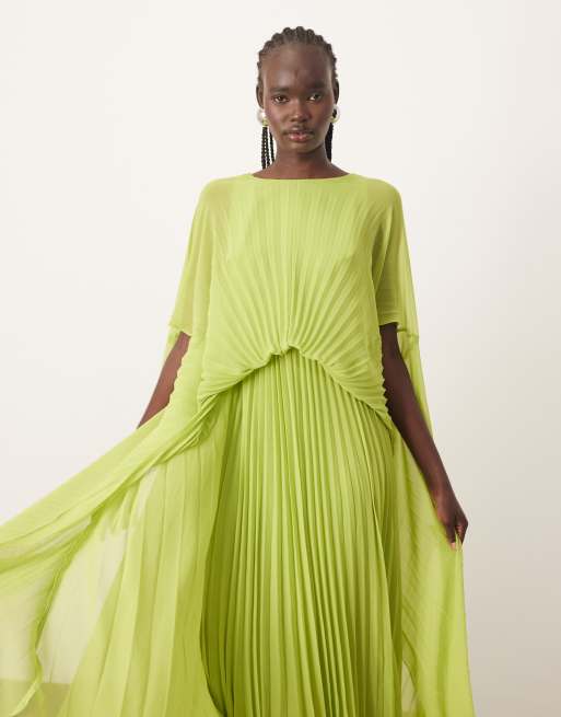ARRANGE chiffon pleat volume maxi dress with wide sleeve in green