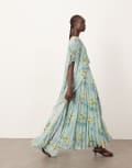 [ARRANGE] ARRANGE chiffon pleat volume maxi dress with wide sleeve in blue floral-Multi 6 Blue floral