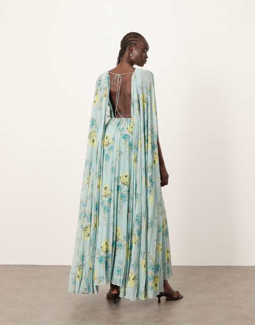 ARRANGE chiffon pleat volume maxi dress with wide sleeve in blue floral, 2 of 4