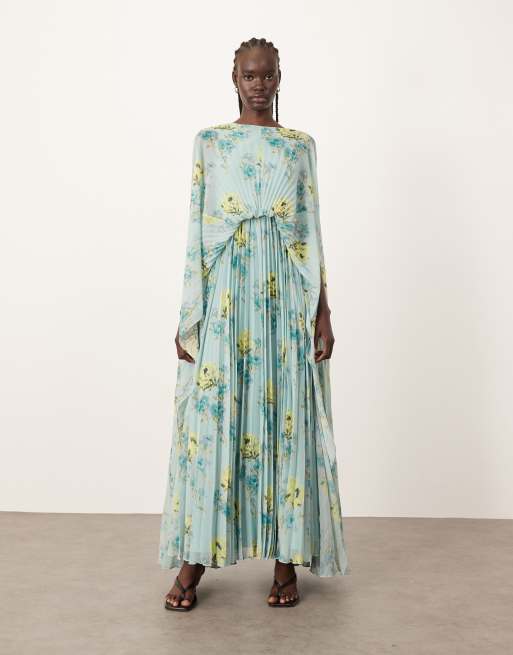 ARRANGE chiffon pleat volume maxi dress with wide sleeve in blue floral, 3 of 4