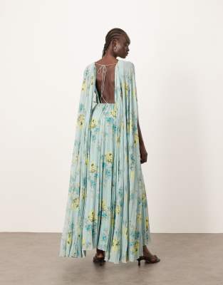 ARRANGE chiffon pleat volume maxi dress with wide sleeves in blue floral