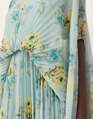 ARRANGE chiffon pleat volume maxi dress with wide sleeves in blue floral