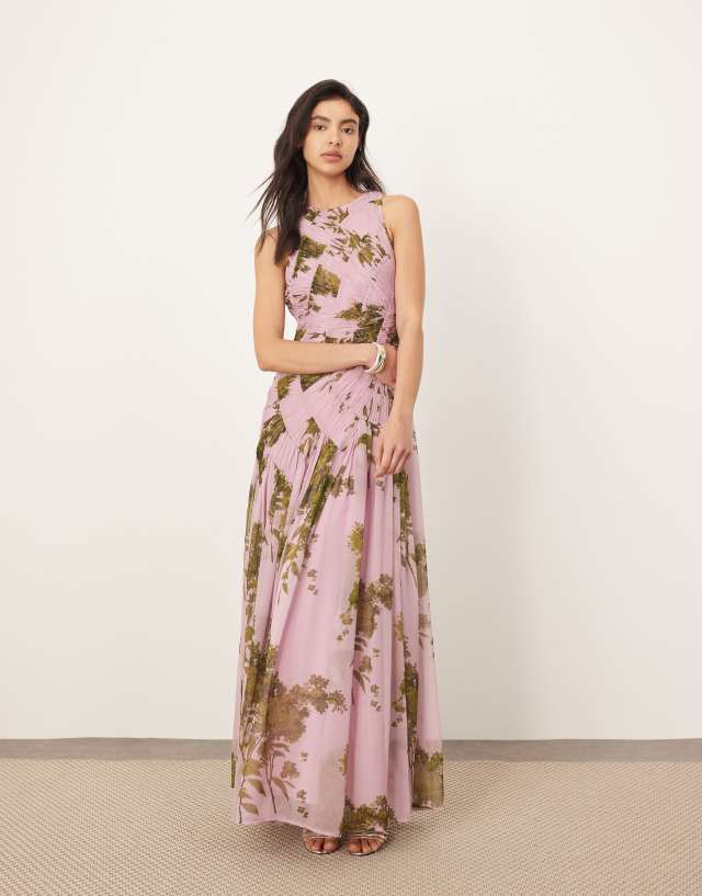 ARRANGE chiffon ruched panel dropped waist volume maxi dress in chartreuse  lilac print | ASOS