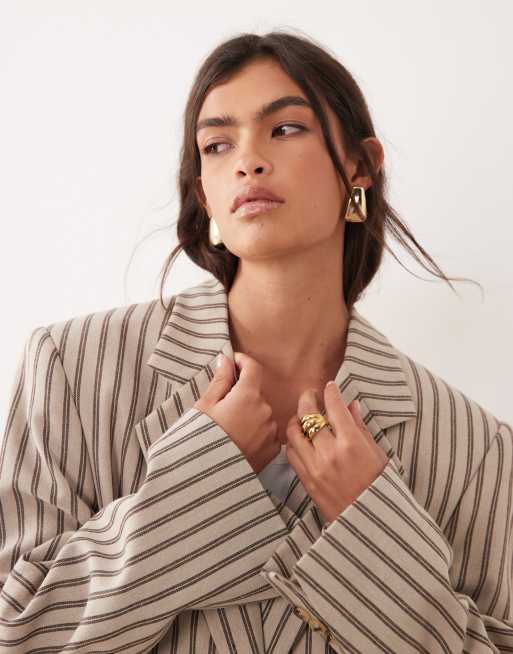 ARRANGE - Chokoladebrun oversized enkeltradet blazer med striber - Del af sæt, 3 af 4