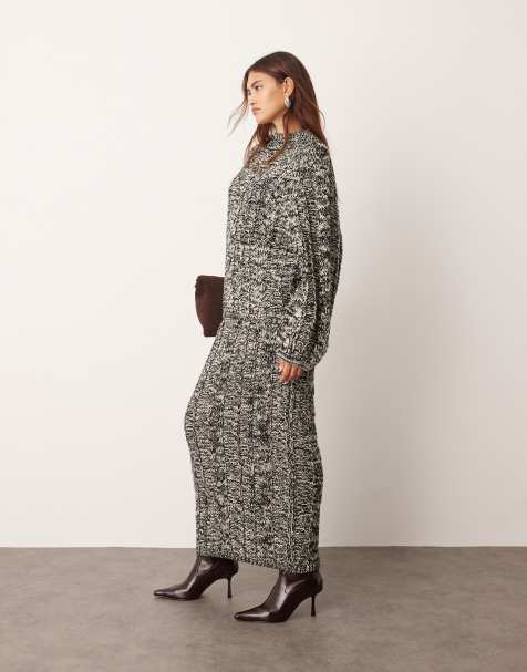 ARRANGE chunky cable knit high neck sweater with volume sleeves and midi skirt in mono - view 1