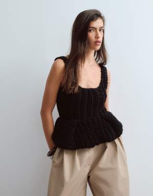 Arrange Chunky Hand Knit Peplum Top In Black