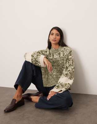 ARRANGE ARRANGE chunky mixed knit jumper in green and cream-Multi