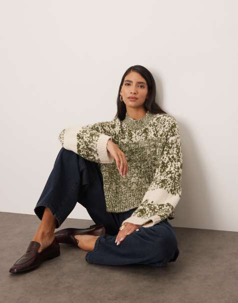 ARRANGE chunky mixed knit jumper in green and cream - view 1