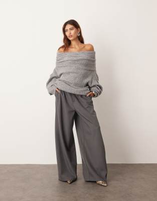 Arrange Chunky Rib Knit Off-shoulder Sweater In Gray