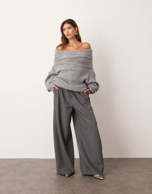 ARRANGE chunky rib knitted off shoulder jumper in charcoal