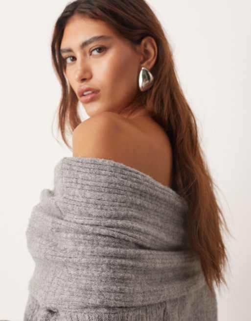 ARRANGE chunky rib knitted off shoulder jumper in charcoal