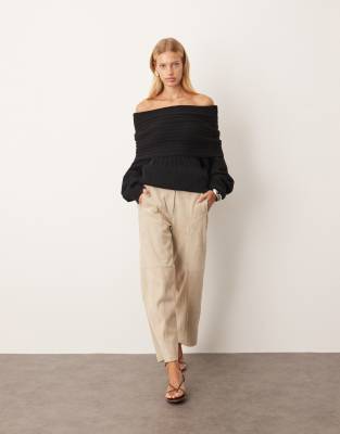 Arrange Chunky Rib Knit Off The Shoulder Sweater In Black