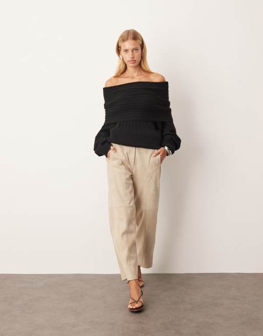 ARRANGE chunky rib knit off the shoulder sweater in black