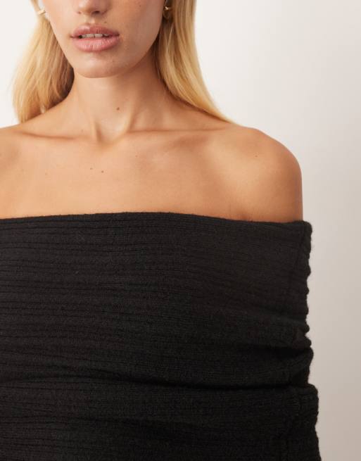 ARRANGE chunky rib knit off the shoulder sweater in black
