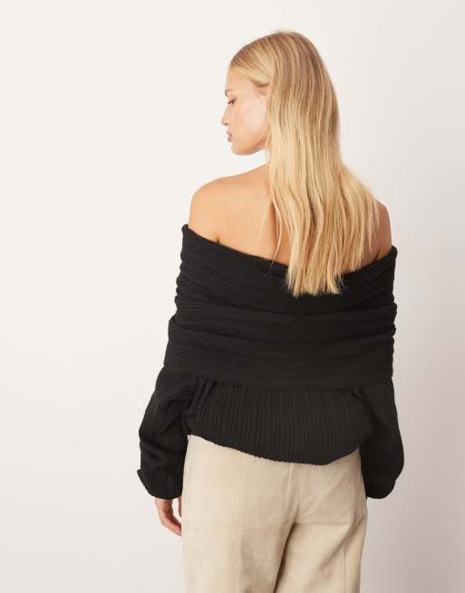 ARRANGE chunky rib knit off the shoulder sweater in black