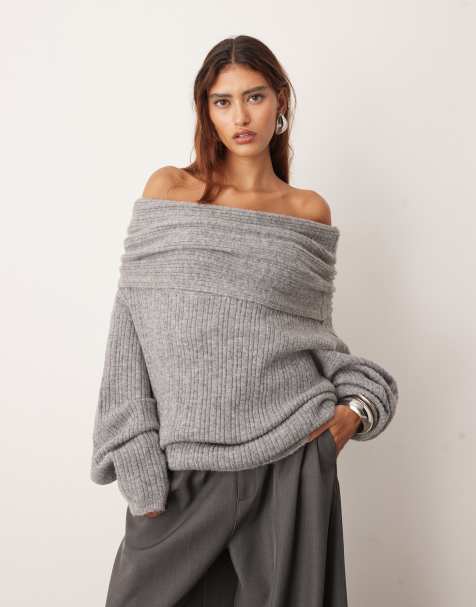 ARRANGE chunky rib knitted off shoulder jumper in charcoal - view 1