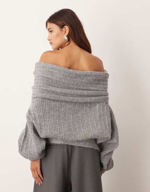 ARRANGE chunky rib knitted off shoulder jumper in charcoal, 4 of 4