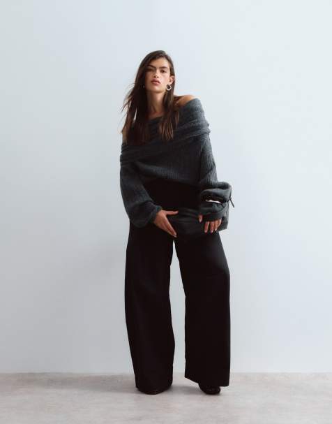 ARRANGE chunky rib knitted off shoulder jumper in soft grey - view 1