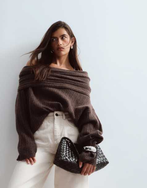 ARRANGE chunky rib knitted off shoulder long sleeve sweater in brown - view 1