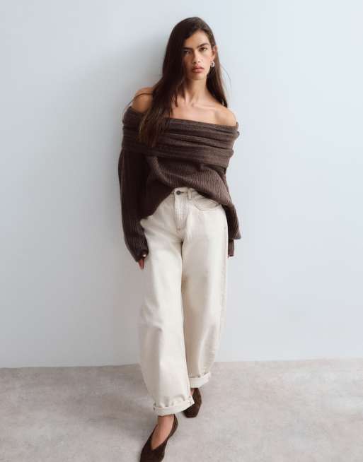 ARRANGE chunky rib knitted off shoulder long sleeve sweater in brown, 2 of 4