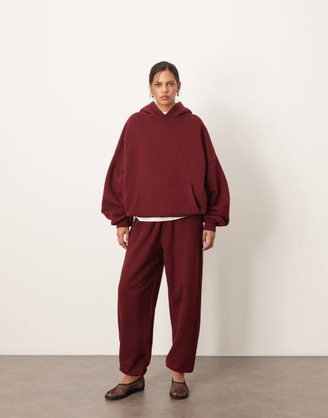 ARRANGE – Ciemnoczerwony gruby zestaw premium: joggersy ze ściągaczami i bluza z kapturem oversize - view 1