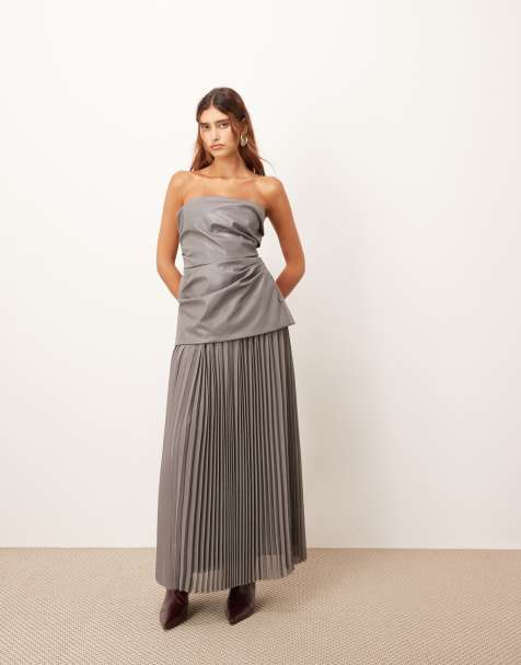 ARRANGE  PU bodice maxi dress with pleated skirt in dark grey