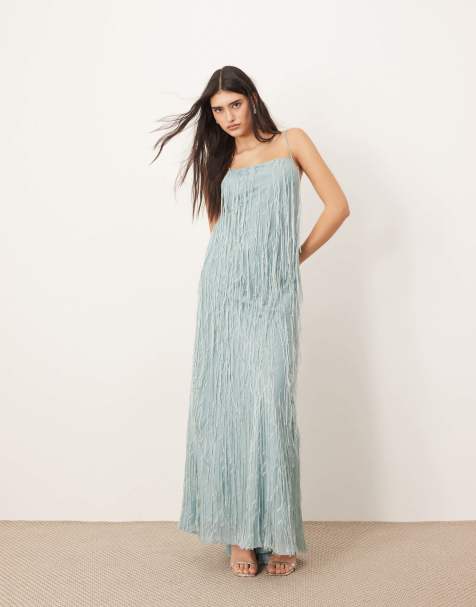 ARRANGE satin fringe bias maxi dress in light blue