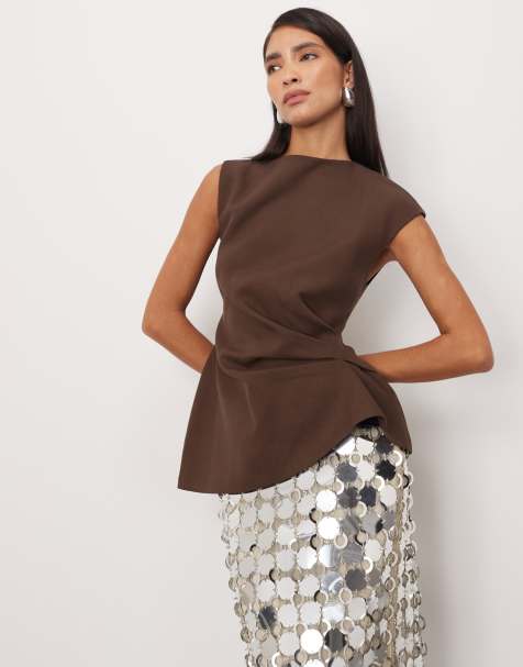 ARRANGE cinch waist tailored top with button detail in chocolate - view 1