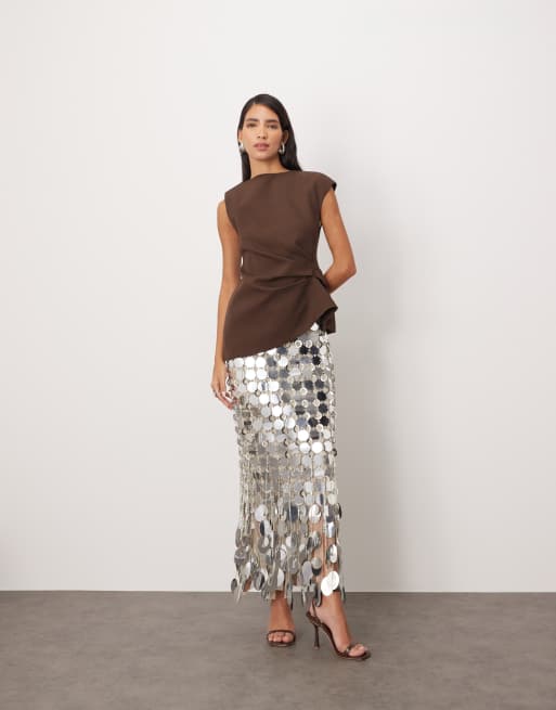 ARRANGE cinch waist tailored top with button detail in chocolate, 3 of 4