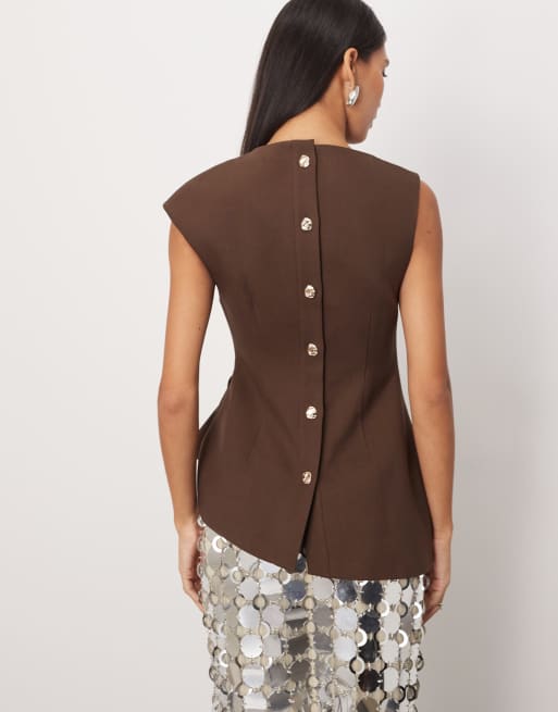 ARRANGE cinch waist tailored top with button detail in chocolate, 4 of 4