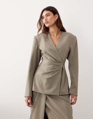 Arrange Cinched Collarless Pleated Wrap Blazer In Gray