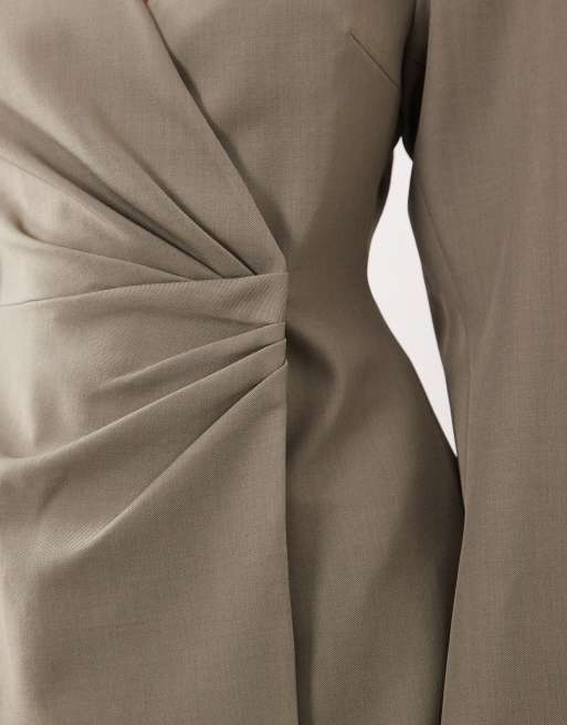 ARRANGE cinched collarless pleated wrap blazer in grey, 3 of 4