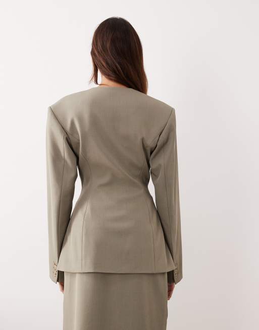 ARRANGE cinched collarless pleated wrap blazer in grey, 4 of 4
