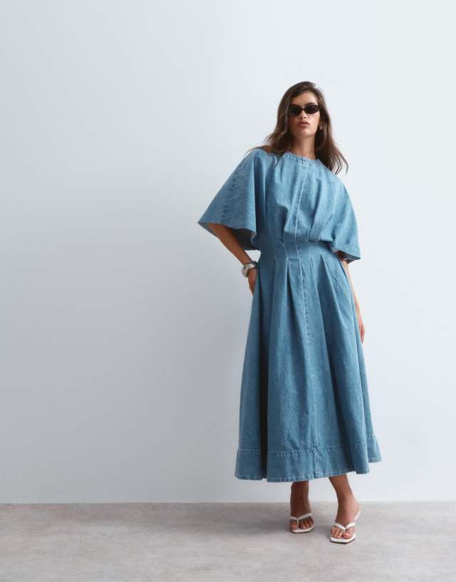 mid wash denim dress ARRANGE cinched waist midi in blue this dress can be Colour:Blossom Navy Boohoo Color Group:BLUE Korean Cocktail Dress