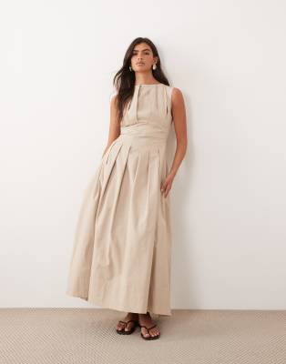 ARRANGE cinched waist pleated maxi dress in stone | ASOS
