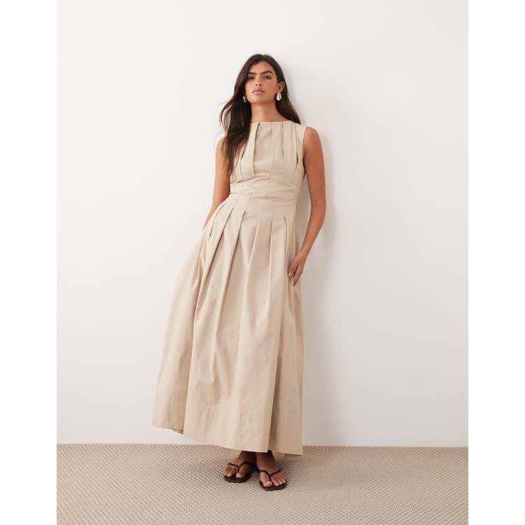 stone stretch woven extreme pleated dress Taupe Stretch Woven Extreme Pleated Shift Dress