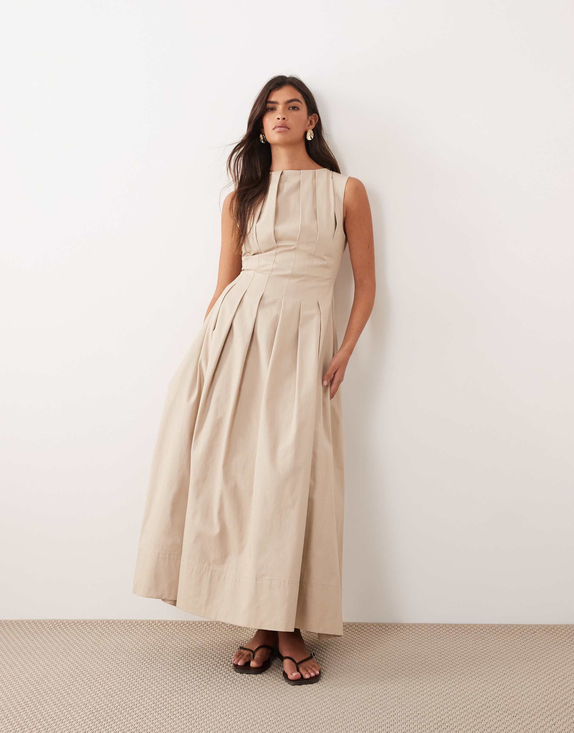 arrange cinched waist pleated maxi dress in stone