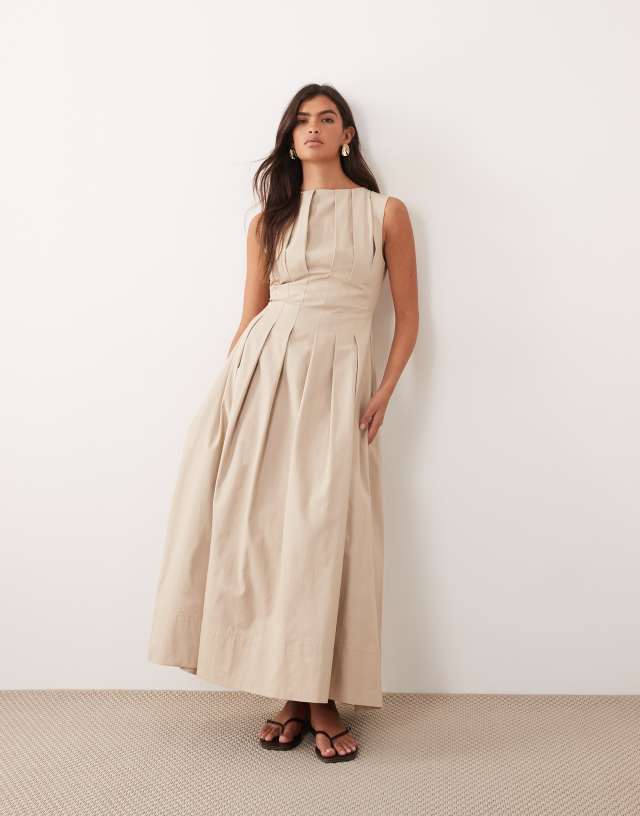 beige pleated maxi dress ARRANGE - - Women - Cotton Featuring a round neck Santoon Knee Length Prom Evening size-womens-clothing_:4