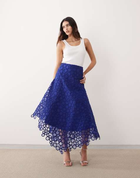 ARRANGE circle embroidered full maxi skirt in blue - view 1