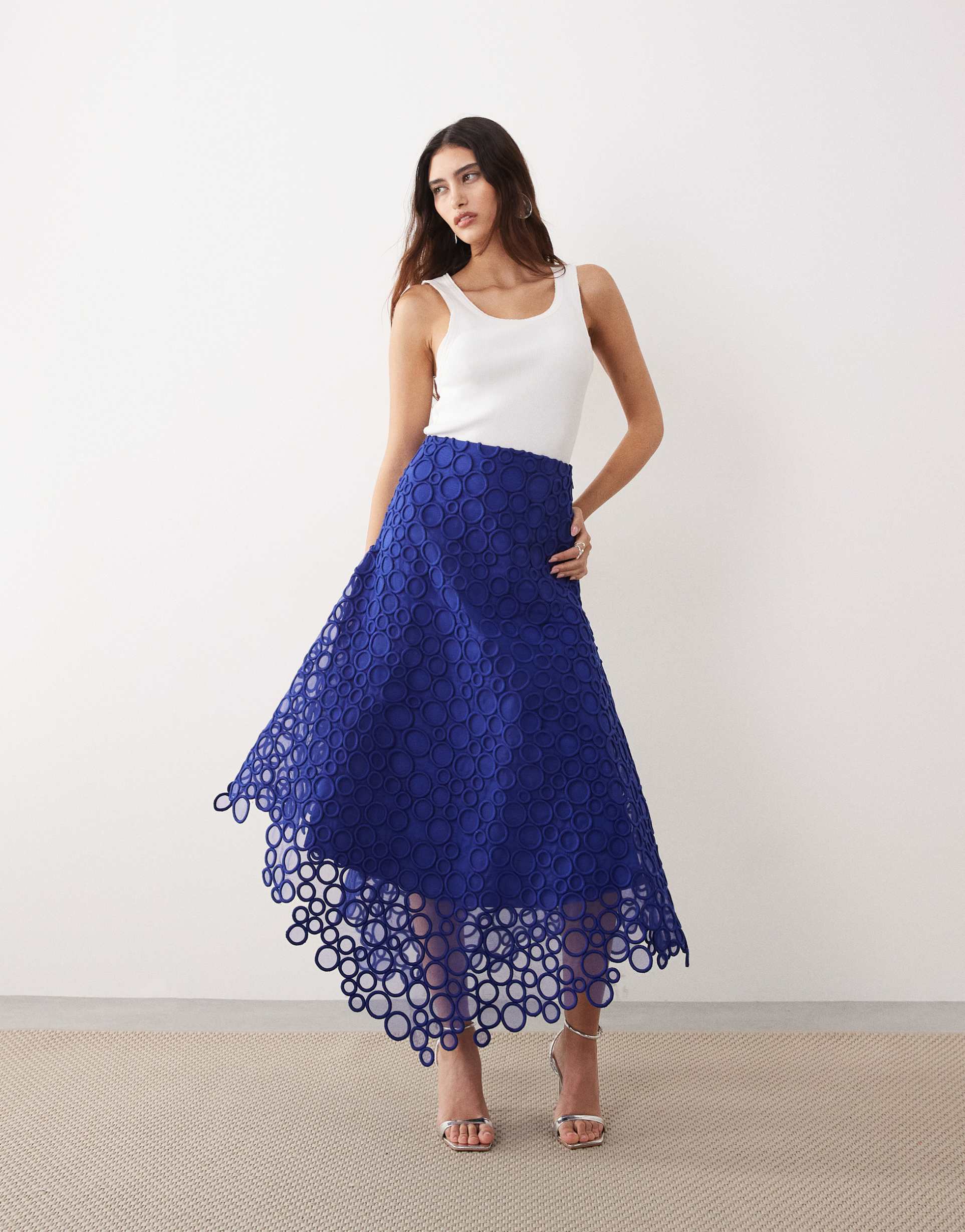 arrange circle embroidered full maxi skirt in blue