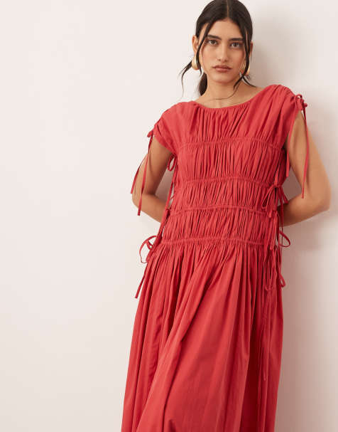 ARRANGE clean cotton drawstring detail trapeze midi dress with pockets in washed red - view 1