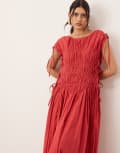 [ARRANGE] ARRANGE clean cotton drawstring detail trapeze midi dress with pockets in washed red 18 Washed Red