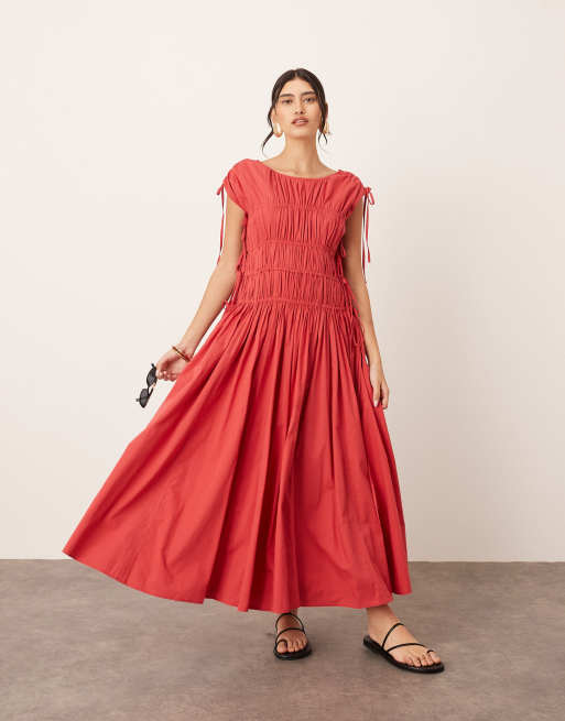 ARRANGE clean cotton drawstring detail trapeze midi dress with pockets in washed red