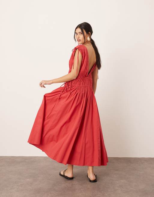 ARRANGE clean cotton drawstring detail trapeze midi dress with pockets in washed red