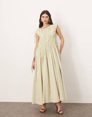 ARRANGE clean cotton drawstring detail trapeze midi dress with pockets in washed sage