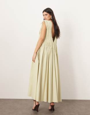 ARRANGE clean cotton drawstring detail trapeze midi dress with pockets in washed sage