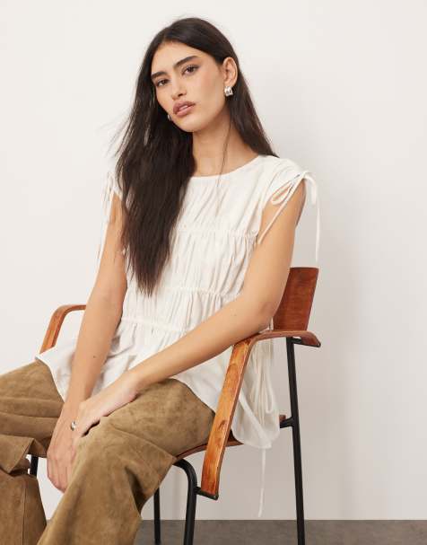 ARRANGE clean cotton ruched top with drawstring detail in white - view 1