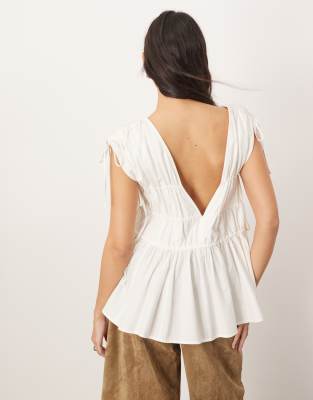 ARRANGE clean cotton ruched top with drawstring detail in white