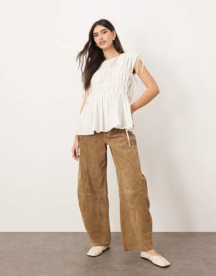 ARRANGE clean cotton ruched top with drawstring detail in white