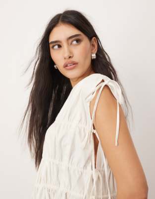 ARRANGE clean cotton ruched top with drawstring detail in white